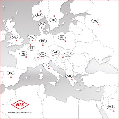 Vakuumzentralen der BIS Vakuumtechnik weltweit Ausschnitt einer Weltkarte. Markierung der Länder mit Vakuumzentralen der BIS Vakuumtechnik.