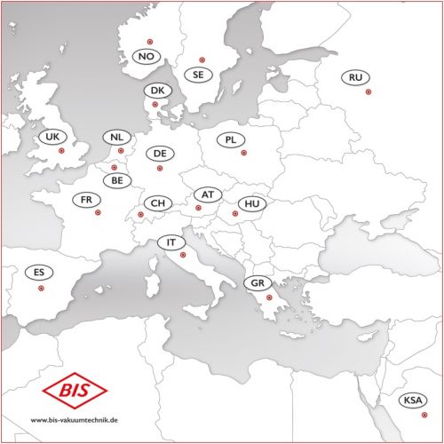 Ausschnitt einer Weltkarte. Markierung der Länder mit Vakuumzentralen der BIS Vakuumtechnik.
